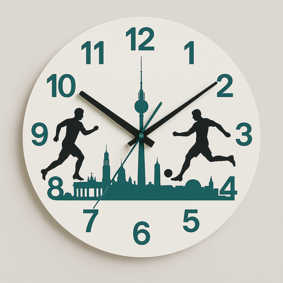 Wanduhr mit Fußball‑Silhouetten und Berliner Skyline