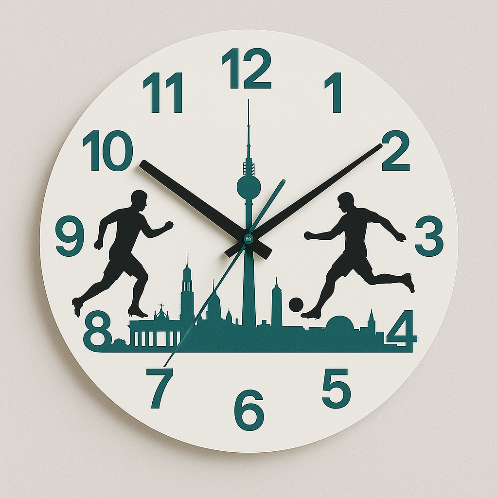 Wanduhr mit Fußball‑Silhouetten und Berliner Skyline
