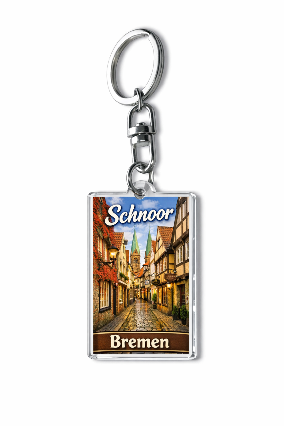 Schlüsselanhänger mit Schnoor‑Motiv aus Bremen, Schlüsselanhänger mit Schnoor aus Bremen, Werbe Schlüsselanhänger mit Schnoor,