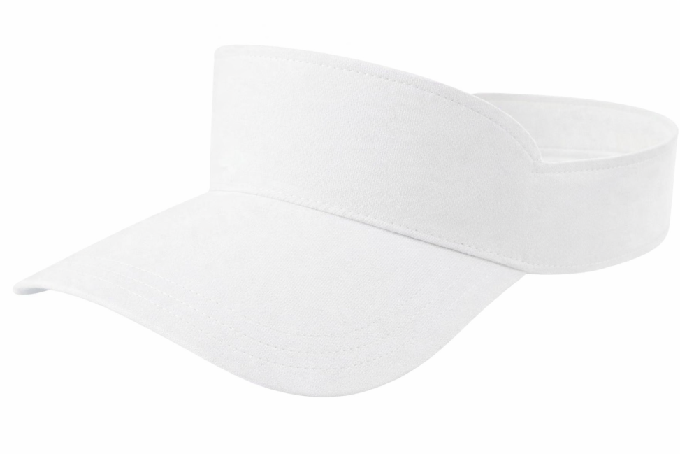 Eine weiße Papier-Schirmmütze mit breitem, gebogenem Schirm und offenem Kopfband aus stabilem Chromoduplexkarton.