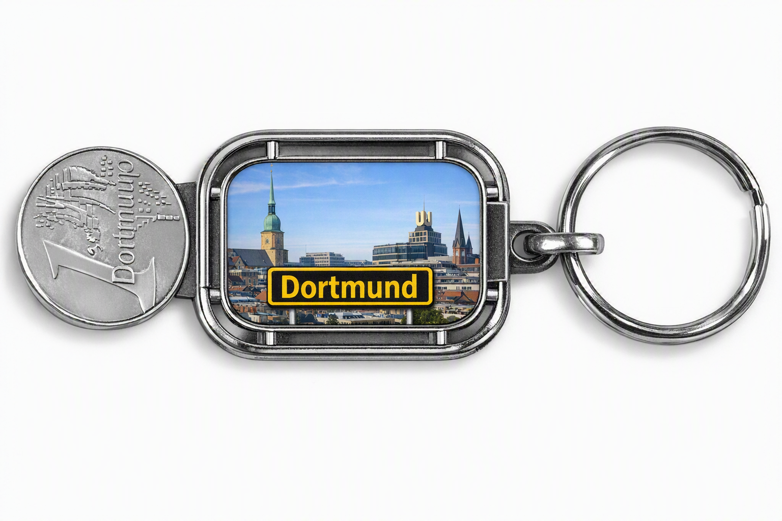 Schlüsselanhänger mit Einkaufswagenchip Dortmund, Schlüsselanhänger mit Dortmund, Schlüsselanhänger, Werbe Schlüsselanhänger, 