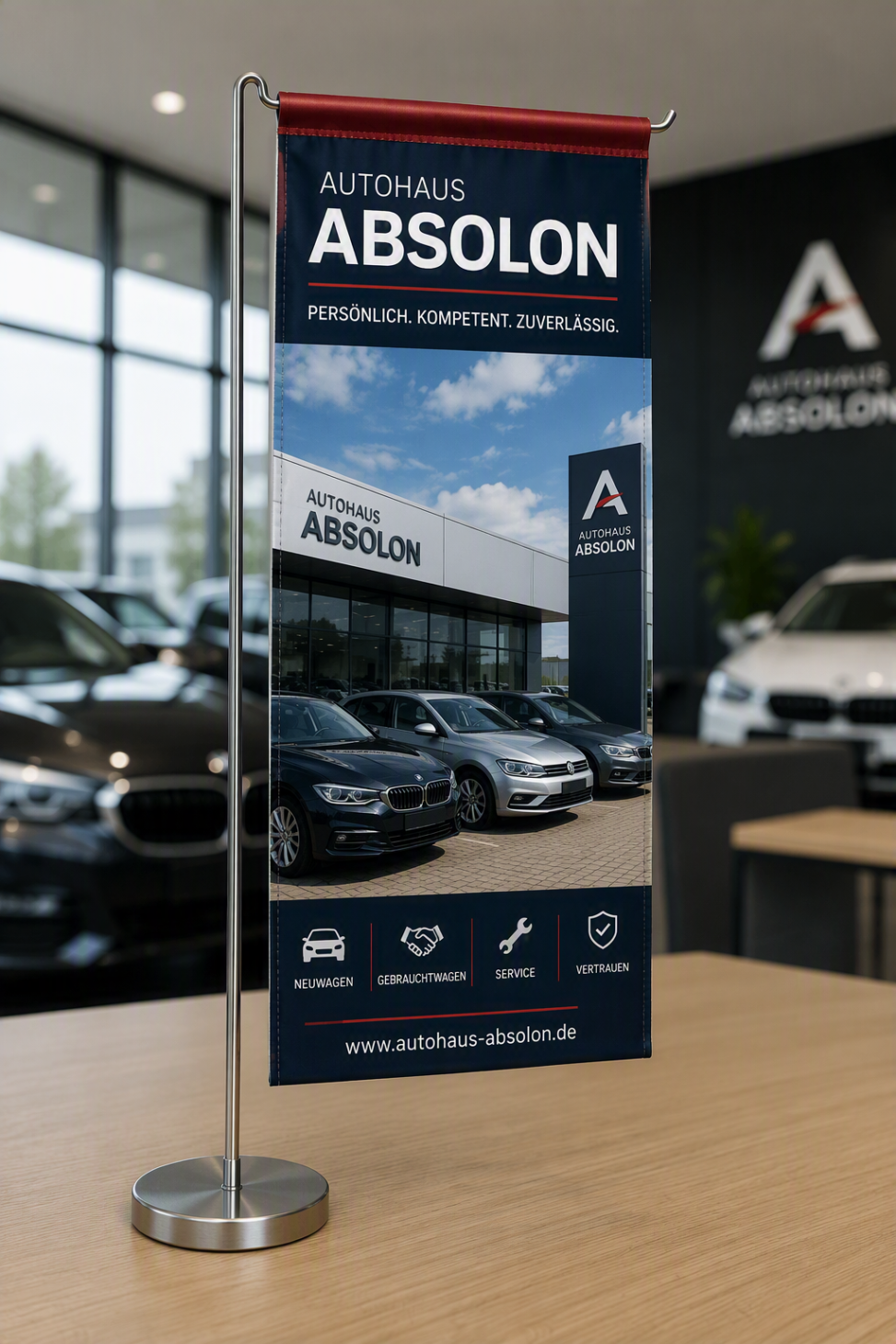 Tischbanner Autohaus Absolon mit Norddeutschland Flaggen, Tischbanner Autohaus, Tischflaggen, Tischfähnchen, Tischfahnen,