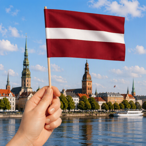 Papierfahnen Lettland mit Holzstab, Papierfahnen Lettland, Papierfähnchen Lettland,